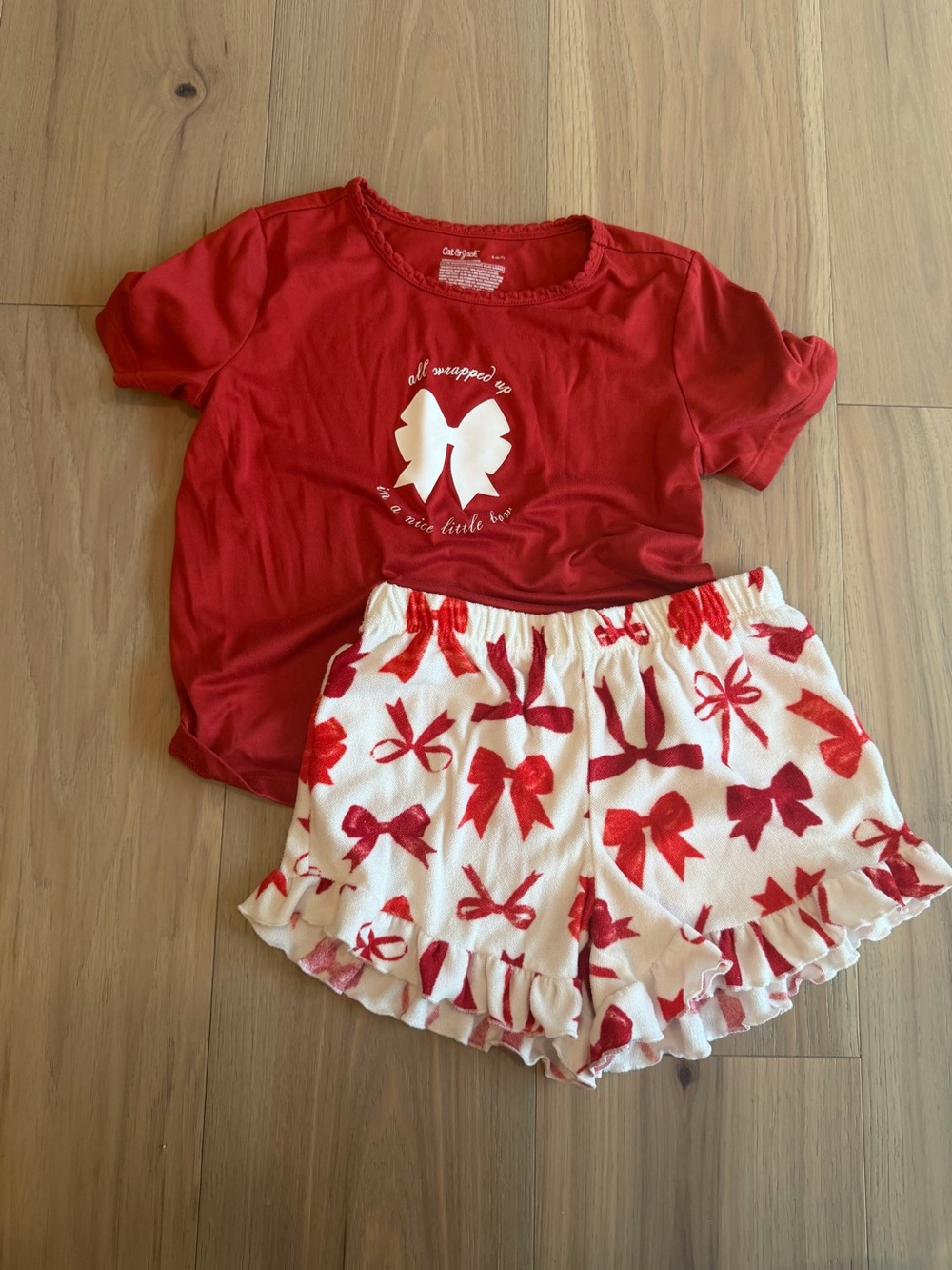 Cat & Jack Red and White Bow Pajama Set - Short Sleeve Top & Ruffle Shorts